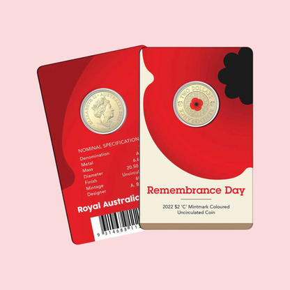 2022 $2 Remembrance Day C Mintmark Coloured Uncirculated Coin